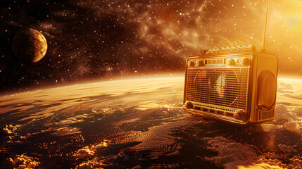 Rich Golden Radio on Planet Earth. Concept of World's Radio Day. 7th may 