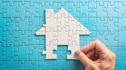 Hand placing the last puzzle piece to form a house shape on a blue background, symbolizing home completion and real estate concept.