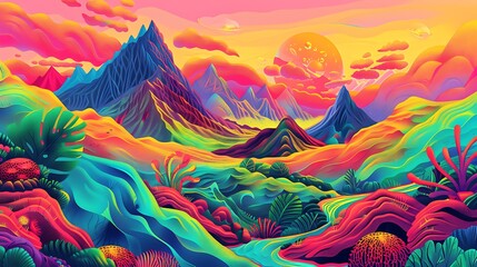 Vivid Dreamlike Landscape with Vibrant Colors and Mountains