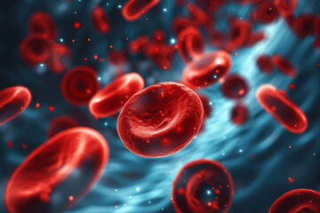 Red blood cells flowing in veins close-up scientific illustration under microscope medical background