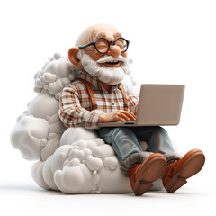 3D Cartoon Happy Senior Bald Man With Glasses Sitting on Cloud Using Laptop