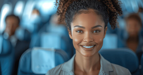 Obraz premium Smiling African American Flight Attendant in Airplane Cabin with Passengers Seated