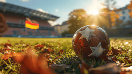 Soccer Ball on Grass in Front of Football Stadium with German Flag and Thumbs Up - Europameisterschaft 2024 Sport Concept