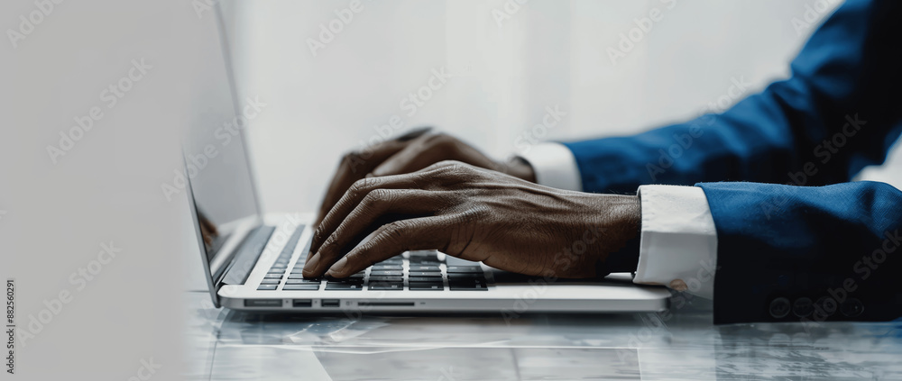 Poster close up of hands typing on laptop keyboard. working online at office table. businessman using techn