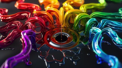 Fototapeta premium Vibrant liquid rainbow colors flowing from a central black droplet, creating an abstract explosion of hues on a dark background.