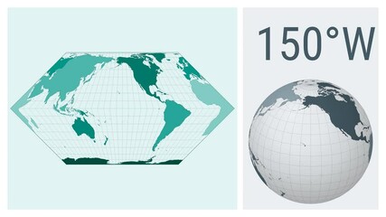 World Map Animation. Eckert II projection. Colored continents style. Animated world map in Eckert 2 projection. Loopable animation showing longitude shift and matching globe.