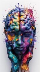 Vividly painted human face and brain, representing creativity and abstract thinking, with splashes of colorful paint on a white background.