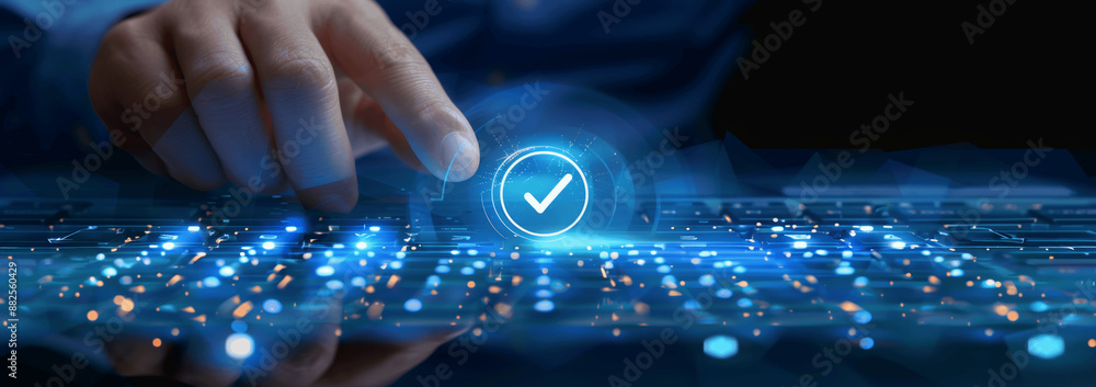 Poster businesswoman using pen for document control checklist approval and project validation
