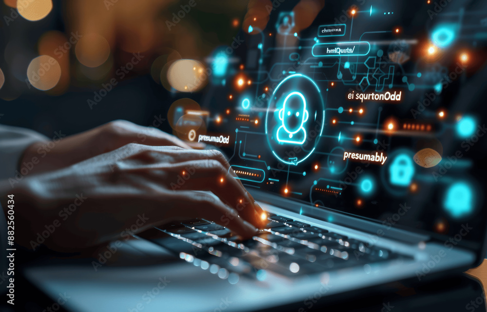 Poster ai chatbot typing on laptop for customer support and deep learning technology