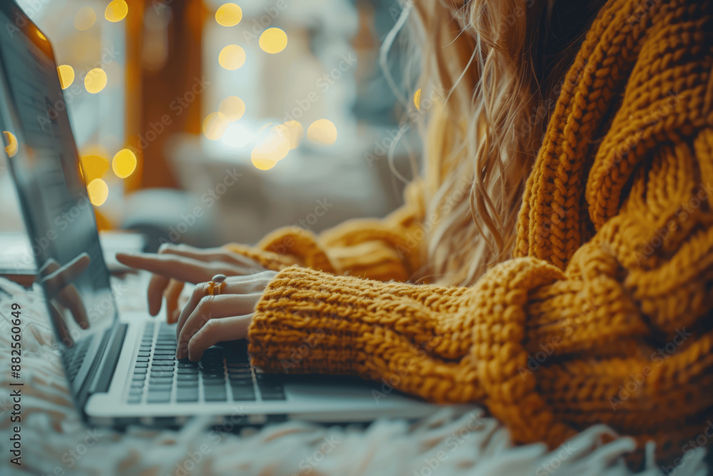 Poster woman typing on laptop in office. close-up of hands on keyboard and pointing at screen. digital tech