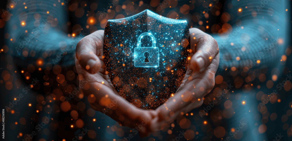 Poster cybersecurity concept 2024 businessman holds shield with padlock icon internet network security encr