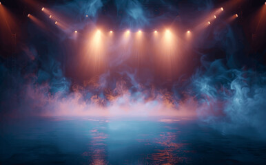 Blue spotlight illuminated stage with smoke and fog in dark night club empty scene for product presentation photorealistic illustration