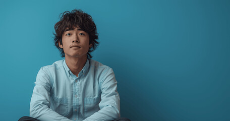 Fototapeta premium Young Asian businessman in formal attire sitting on the floor looking sad and exhausted, isolated on blue background, concept for business struggles and marketing