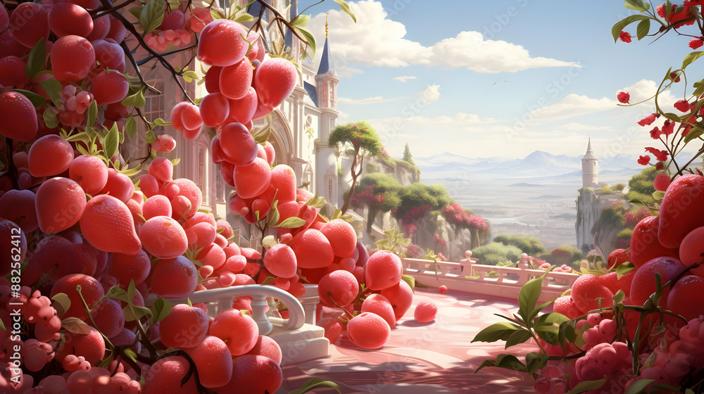 Poster Fantasy Illustration - Red Fruit Vines on a Balcony with a View