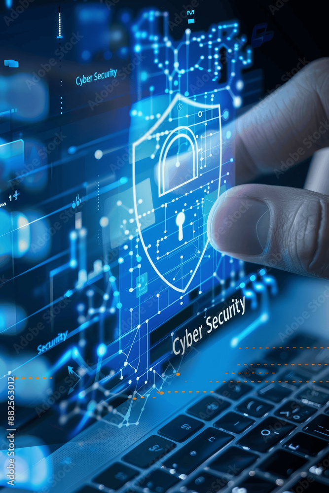 Poster woman using laptop for cyber security protection user privacy and encryption safe internet access fu