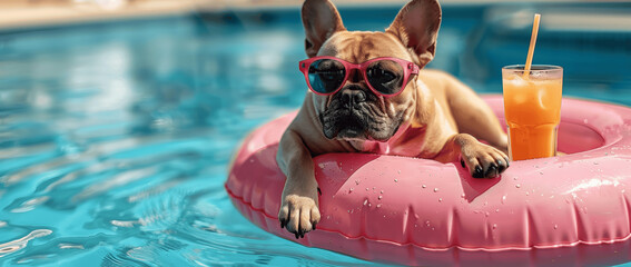Funny French Bulldog in Sunglasses Relaxing on Pink Inflatable in Pool with Cocktail Glass of Orange Juice Animal Summer Vacation Banner