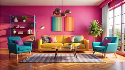 Vibrant modern living room featuring a brightly colored couch and chair set against bold, warm pink walls and saturated colors.