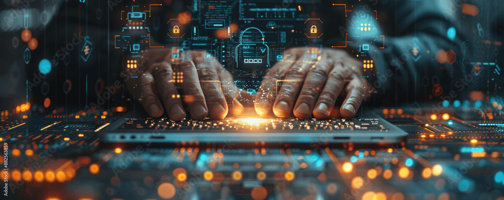 Poster cybersecurity data protection businessman using laptop smartphone network security protect financial