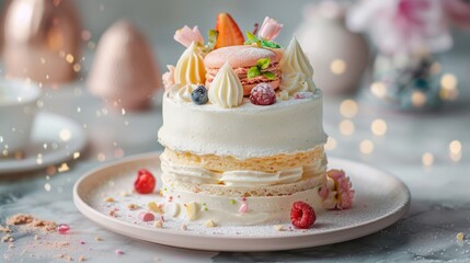 Food photography of a birthday cake with variation macaron. Delicious food 