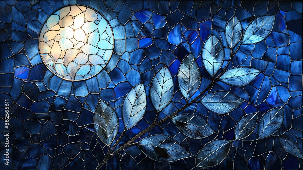 Wall mural Intricate stained glass artwork featuring a blue leaf against a glowing moon, showcasing detailed craftsmanship and serene design.
