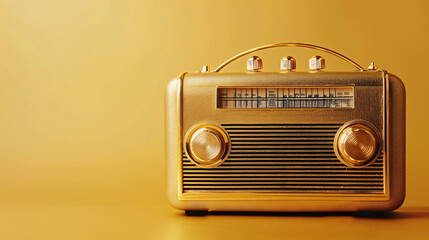 Golden Radio Isolated on a Golden Background with copy space for the text. Concept of World Radio Day, 7 May