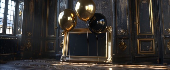 Shiny gold and black balloons with an empty frame in an empty room, a Christmas celebration full of elegance