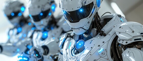 Fototapeta premium A row of futuristic robots with glowing blue lights, showcasing advanced technology and AI development in a sleek design.