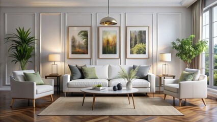 Elegant modern living room features four framed art pieces on a crisp white wall, paired with sleek white furniture.