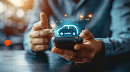 Man Using Smartphone for Car Services: Buy, Rent, Call a Cab or Search Insurance Online