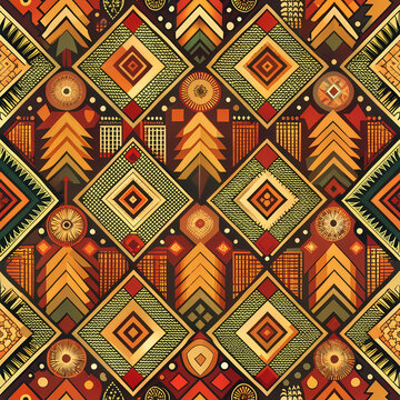 African ethnic seamless pattern in warm tones, perfect for backgrounds, textiles, and decor, showcasing intricate geometric designs with cultural authenticity