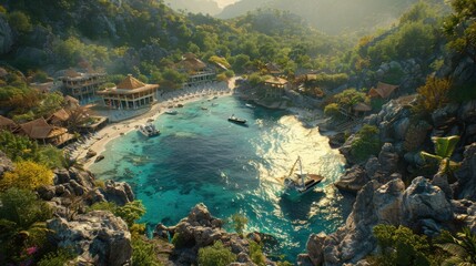 Fototapeta premium Aerial view of a tropical paradise beach, azure water, lush greenery, and cozy resorts, perfect for travel and relaxation.
