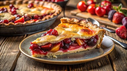 Warmly lit rustic plate featuring a mouthwatering slice of homemade fruit pie with flaky crust and vibrant fruity fillings.