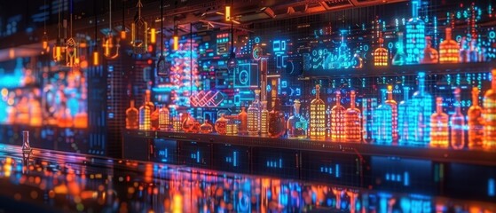 Neon-lit bar with colorful bottles and drinks, reflecting a vibrant nightlife atmosphere in an urban setting.