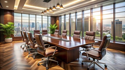 Fototapeta premium Luxurious modern corporate conference room with dark wood table, leather chairs, and large windows, flooded with natural light atmosphere.