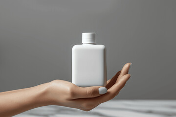 Woman Hand Holding White Square Bottle on Grey Background Spa Skincare Concept