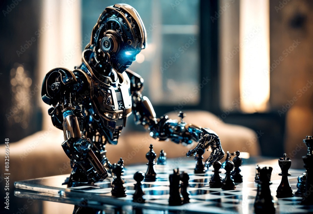 Poster using ai robot intelligence artificial technology smart chess playing virtual human cyborg industria