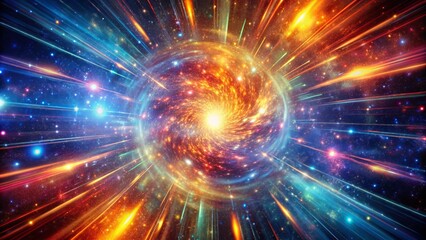 Obraz premium Vibrant swirling tunnel of hyperspace reveals an expanding galaxy with radiant stars, cosmic rays, and a dazzling neon energy burst.