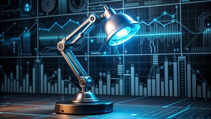 Modern futuristic robotic desk lamp with glowing blue circuits and wires surrounded by graphs and charts on sleek black surface.