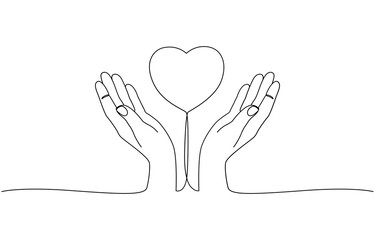 One continuous single line drawing of hand give love isolated on white background minimalism design, One continuous line drawing of hand holding heart. Support concept. Charity vector illustration.