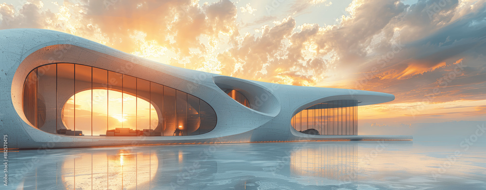 Poster White Concrete Building with Curved Glass Windows and Sunlight in Open Space Courtyard Futuristic Architecture Concept
