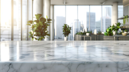 Empty marble desk with copy space and blurred office background