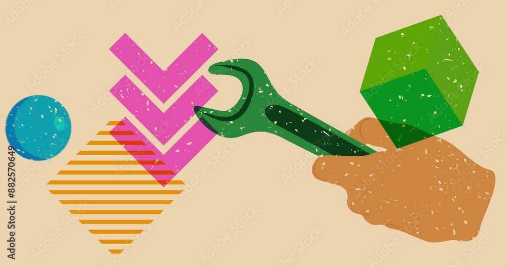 Aufkleber risograph wrench with geometric shapes animation. moving object in trendy riso graph design video.