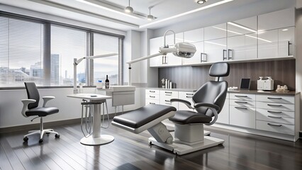 Modern dental clinic illustration featuring sleek equipment, comfortable chair, and sterile tools in a minimalist black and white hand-drawn design.