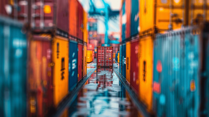 Fototapeta premium Stacked Cargo Containers at Port Tilt-Shift Photography International Trade and Logistics