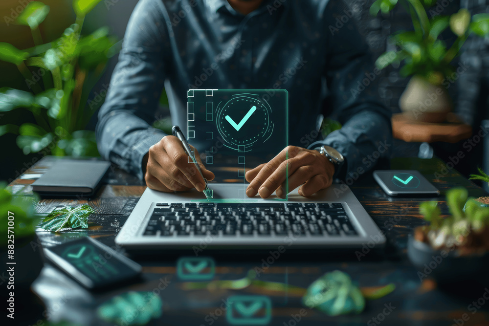 Poster businessman using laptop for digital document management with smart checklist and high security in m