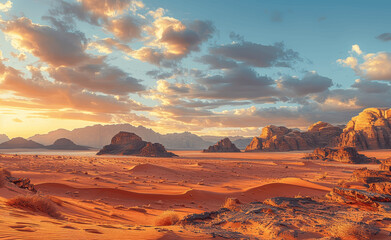 Naklejka premium Wadi Rum Desert at Golden Hour, Stunning Mars-like Landscape with Rocks and Mountains in Jordan