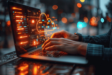 Businessman Using Laptop with Cloud Technology for Online Business Service and Financial Data Management with Cyber Security on Virtual Screen