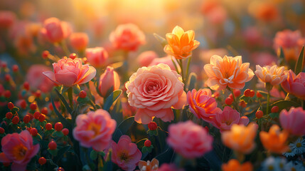 Obraz premium Mixed flowers in soft blurred background. Abstract floral bouquet with narcissus, roses and small wild flowers.