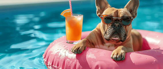 Cute French Bulldog in Sunglasses Relaxing on Pink Inflatable Ring in Pool with Cocktail - Fun Summer Vacation Banner