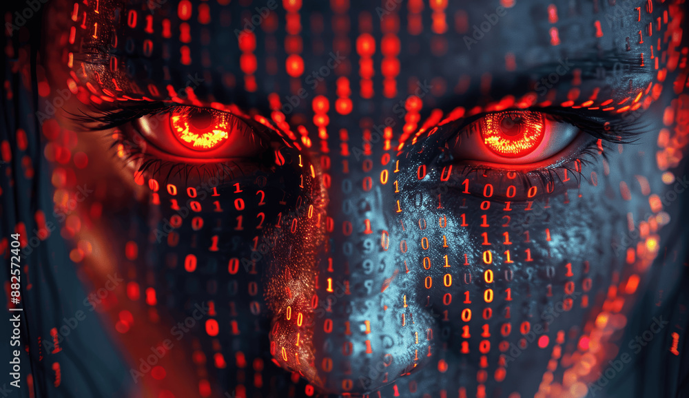 Poster ai face with red glowing eyes in binary code, cyberpunk dark background, evil artificial intelligenc